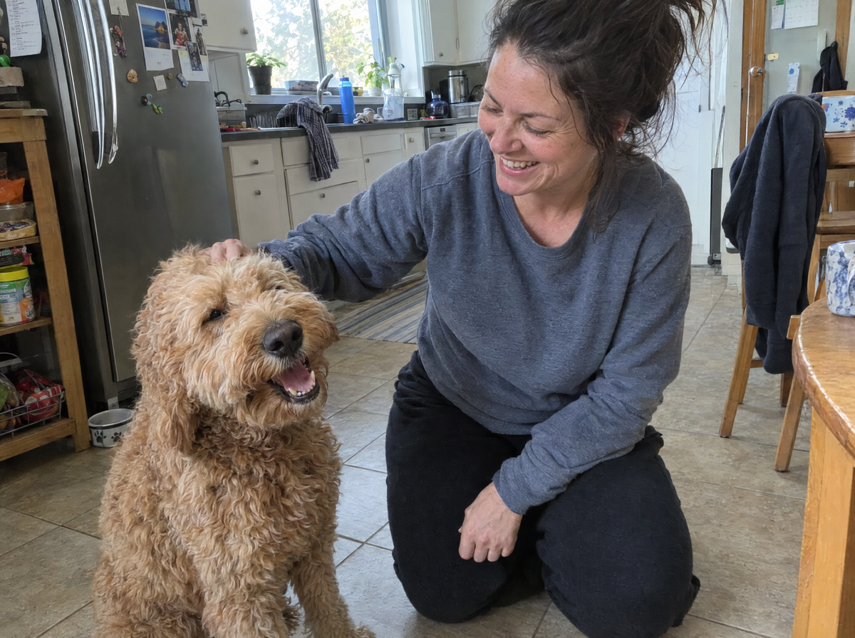 A woman kneeling on her kitchen floor fussing her goldendoodle