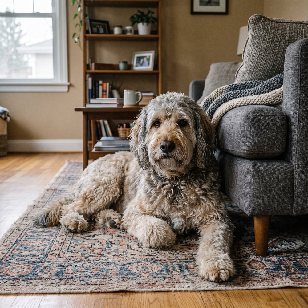 An older goldendoodle resting on a living room rug