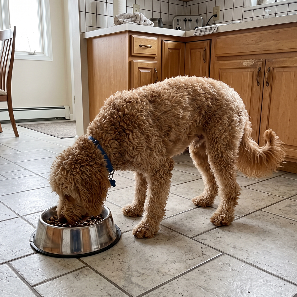 A goldendoodle eating from a bowl in a kitchen